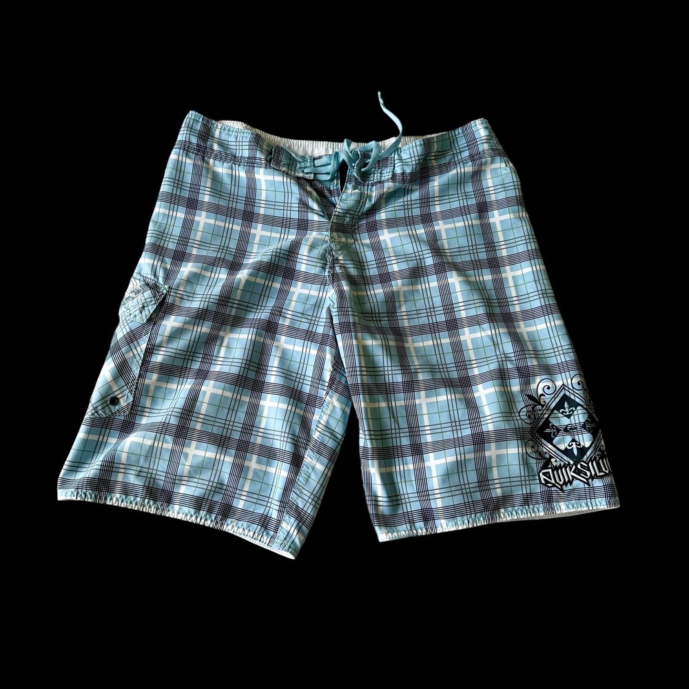 Quiksilver Mens Y2K Plaid Board Shorts‎ Blue Graphic Cargo Pocket Size 34